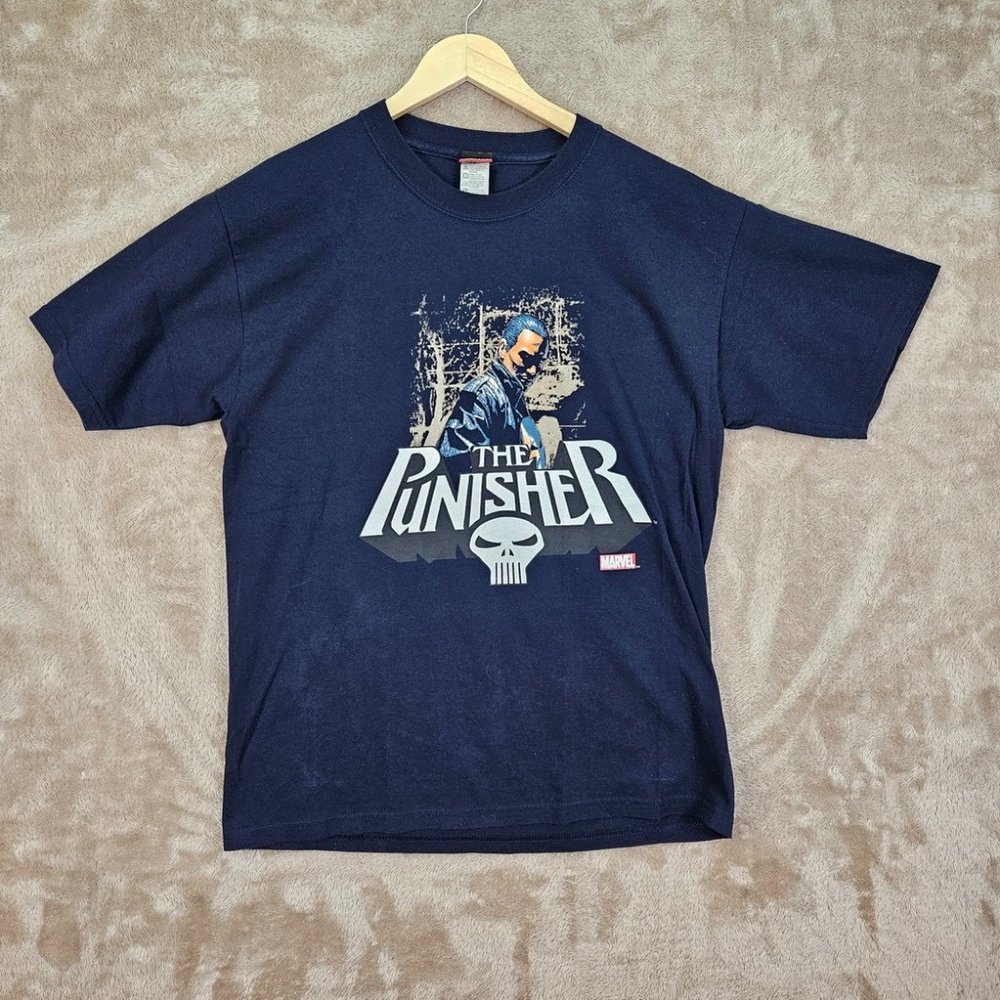 Marvel The Punisher Navy Blue T-Shirt Men's Size L 100% Cotton Short Sleeve